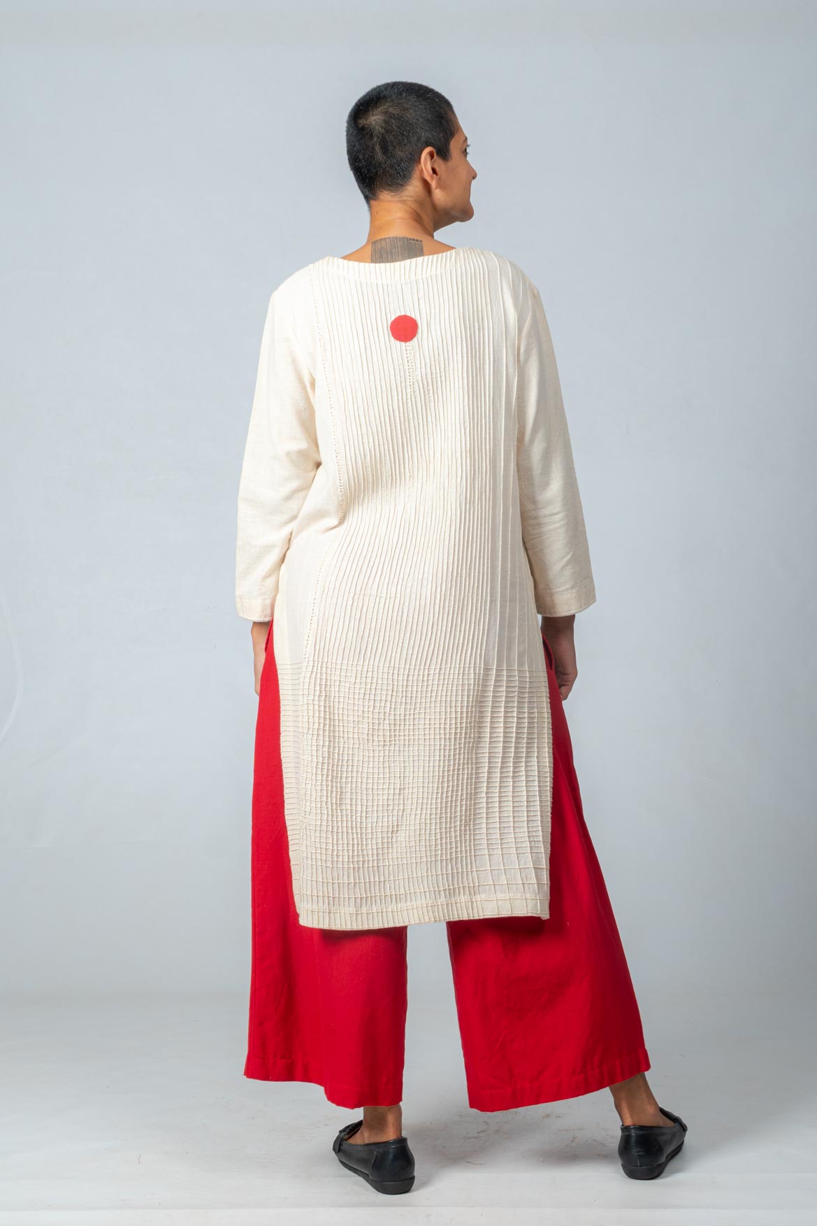 Set of 2- Natural Khadi Pintuck Kurta & Red Trousers