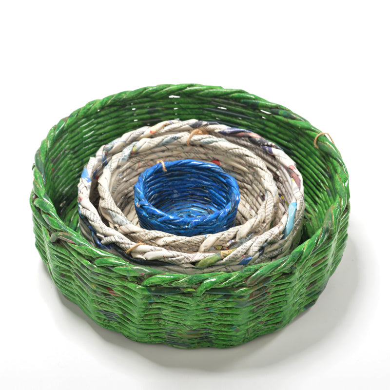 Upcycled Woven Newspaper Basket Round