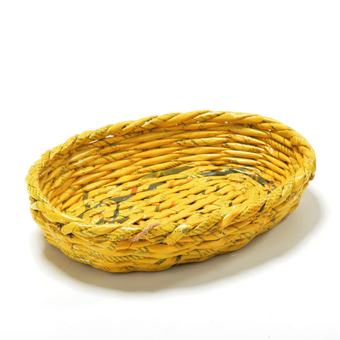 Upcycled Woven Newspaper Basket Concave Oval