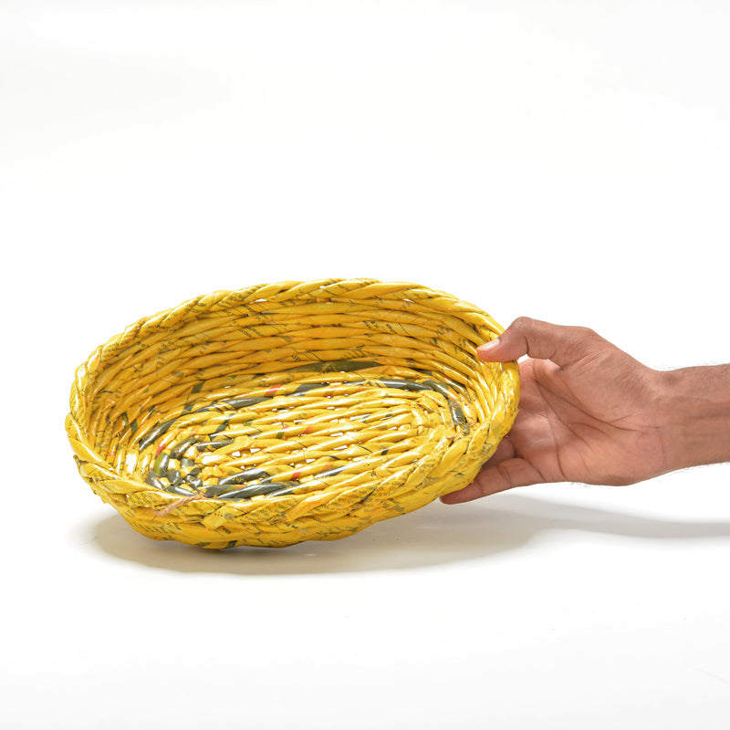 Upcycled Woven Newspaper Basket Concave Oval