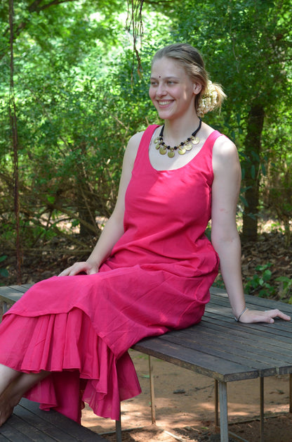 Set of 2- Bright Pink cutwork silk jacket & maxi Dress