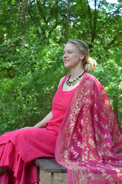 Set of 2- Bright Pink cutwork silk jacket & maxi Dress