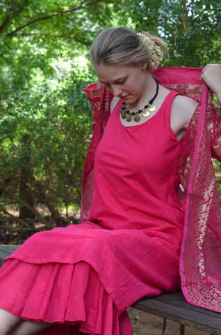Set of 2- Bright Pink cutwork silk jacket & maxi Dress