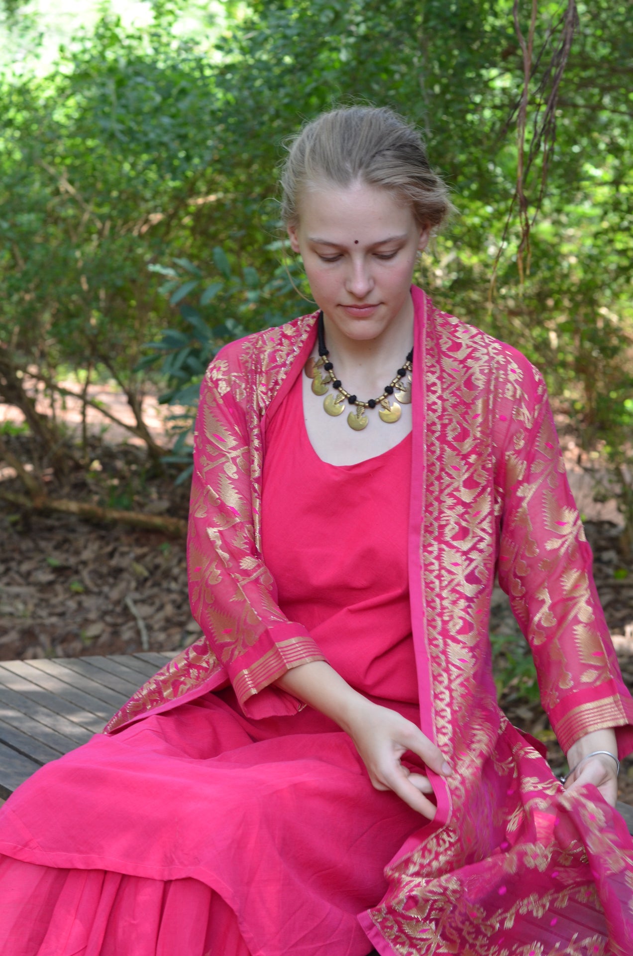 Set of 2- Bright Pink cutwork silk jacket & maxi Dress