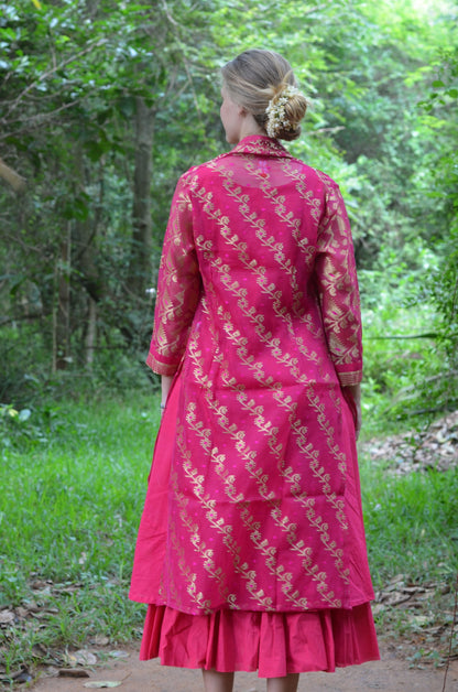 Set of 2- Bright Pink cutwork silk jacket & maxi Dress