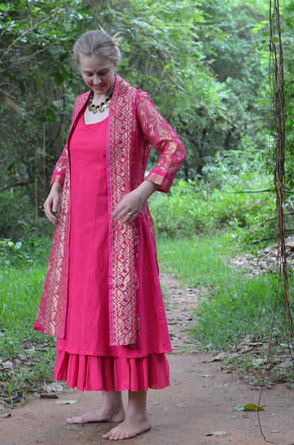Set of 2- Bright Pink cutwork silk jacket & maxi Dress