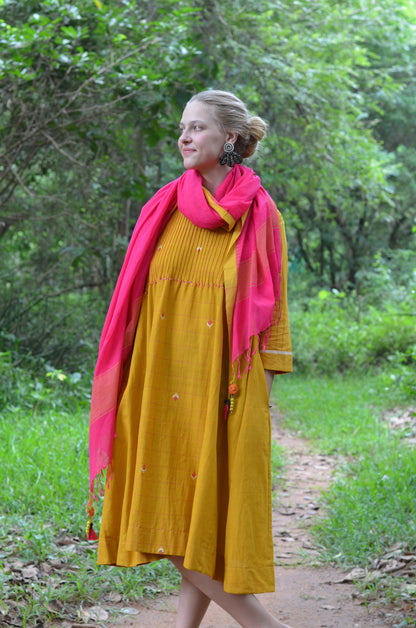 Set of 2- Mustard Pinktuck Jamdani Dress with Pink scarf