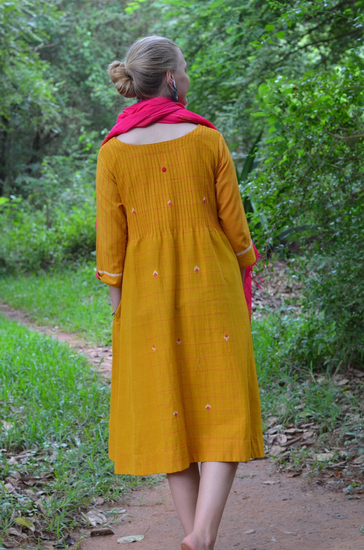 Set of 2- Mustard Pinktuck Jamdani Dress with Pink scarf