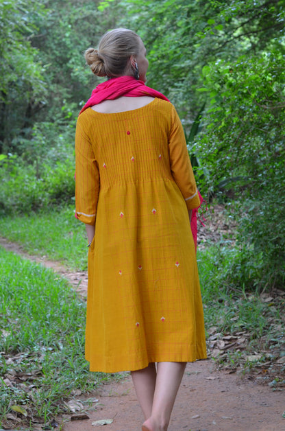 Set of 2- Mustard Pinktuck Jamdani Dress with Pink scarf