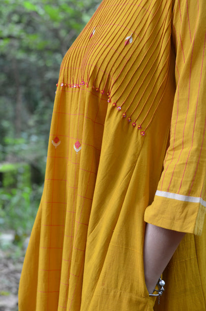 Set of 2- Mustard Pinktuck Jamdani Dress with Pink scarf