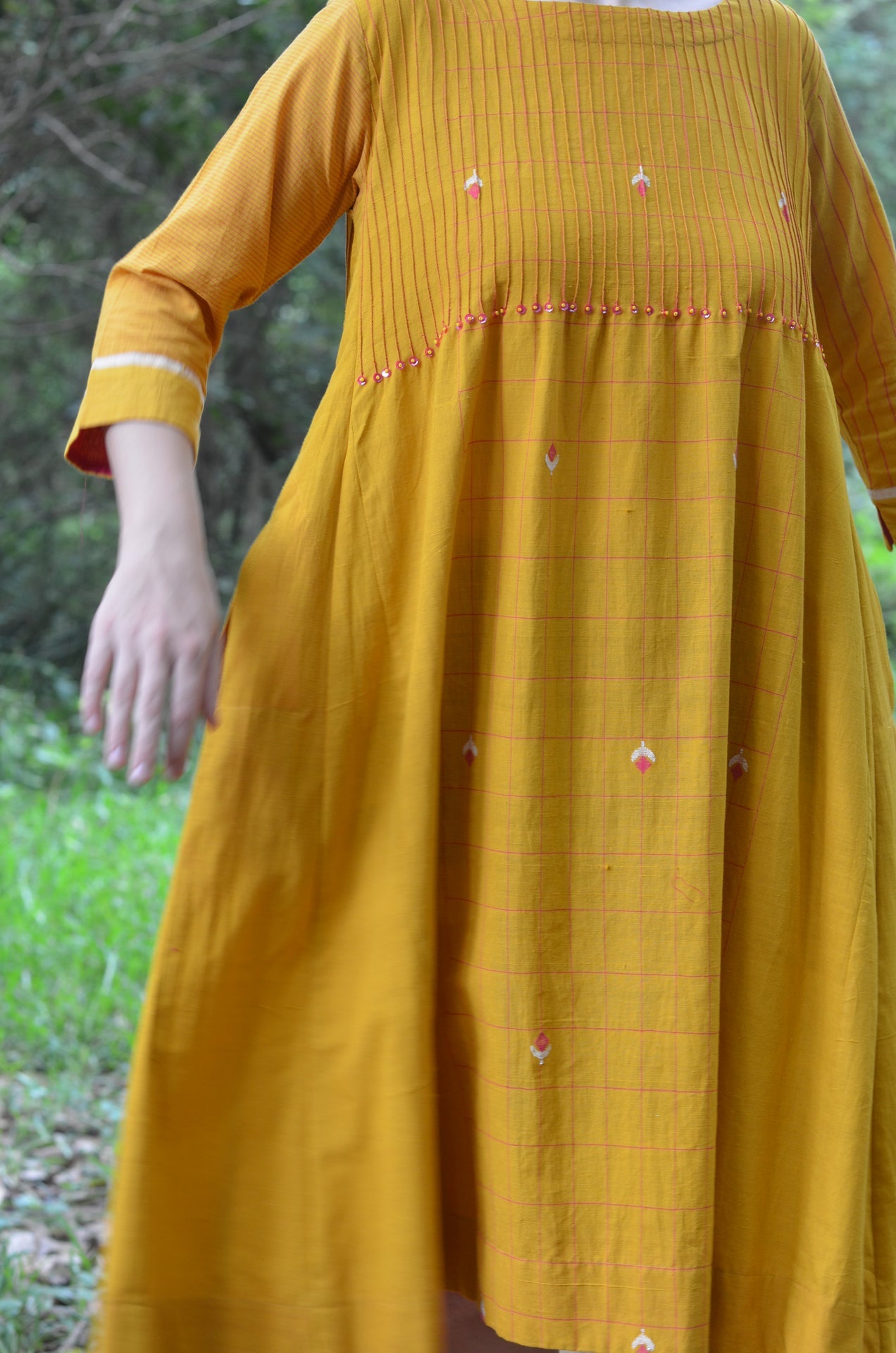Set of 2- Mustard Pinktuck Jamdani Dress with Pink scarf