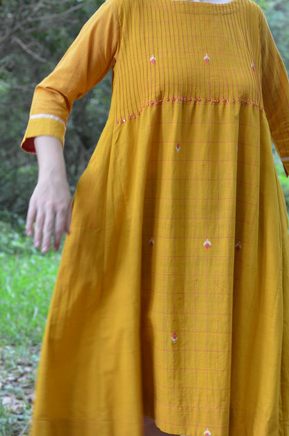 Set of 2- Mustard Pinktuck Jamdani Dress with Pink scarf
