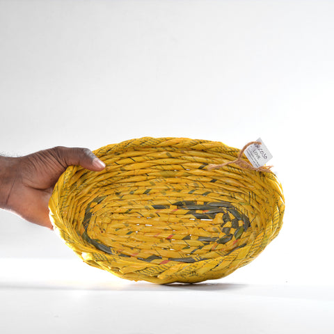 Upcycled Woven Newspaper Basket Concave Oval