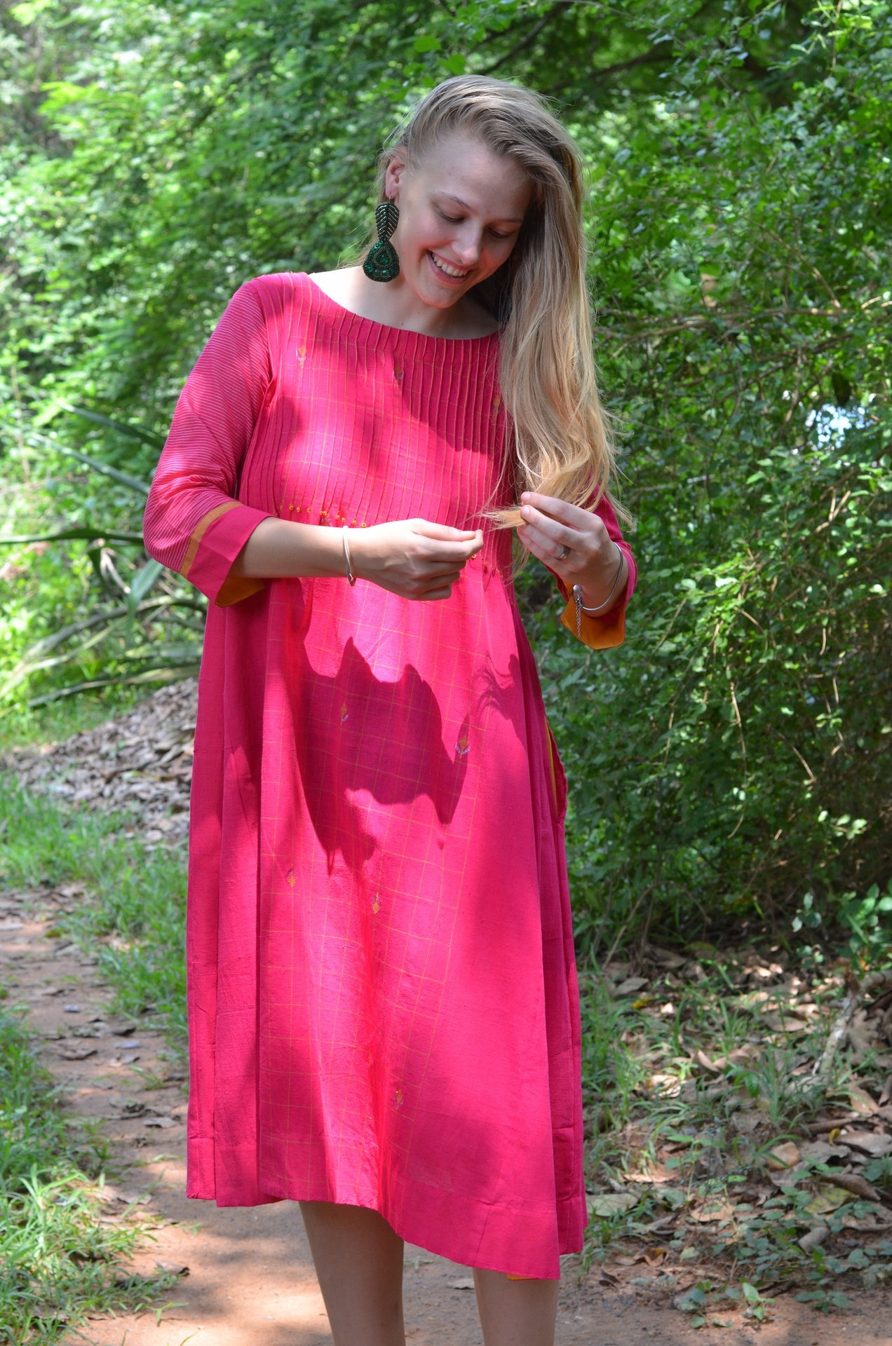 Bright Pink Pinktuck Jamdani Dress