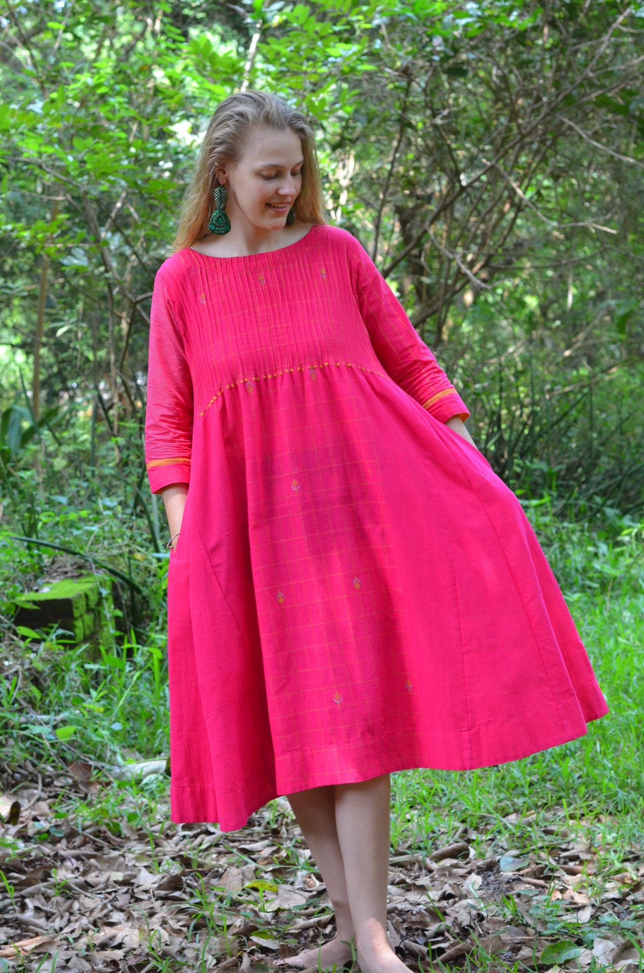 Bright Pink Pinktuck Jamdani Dress