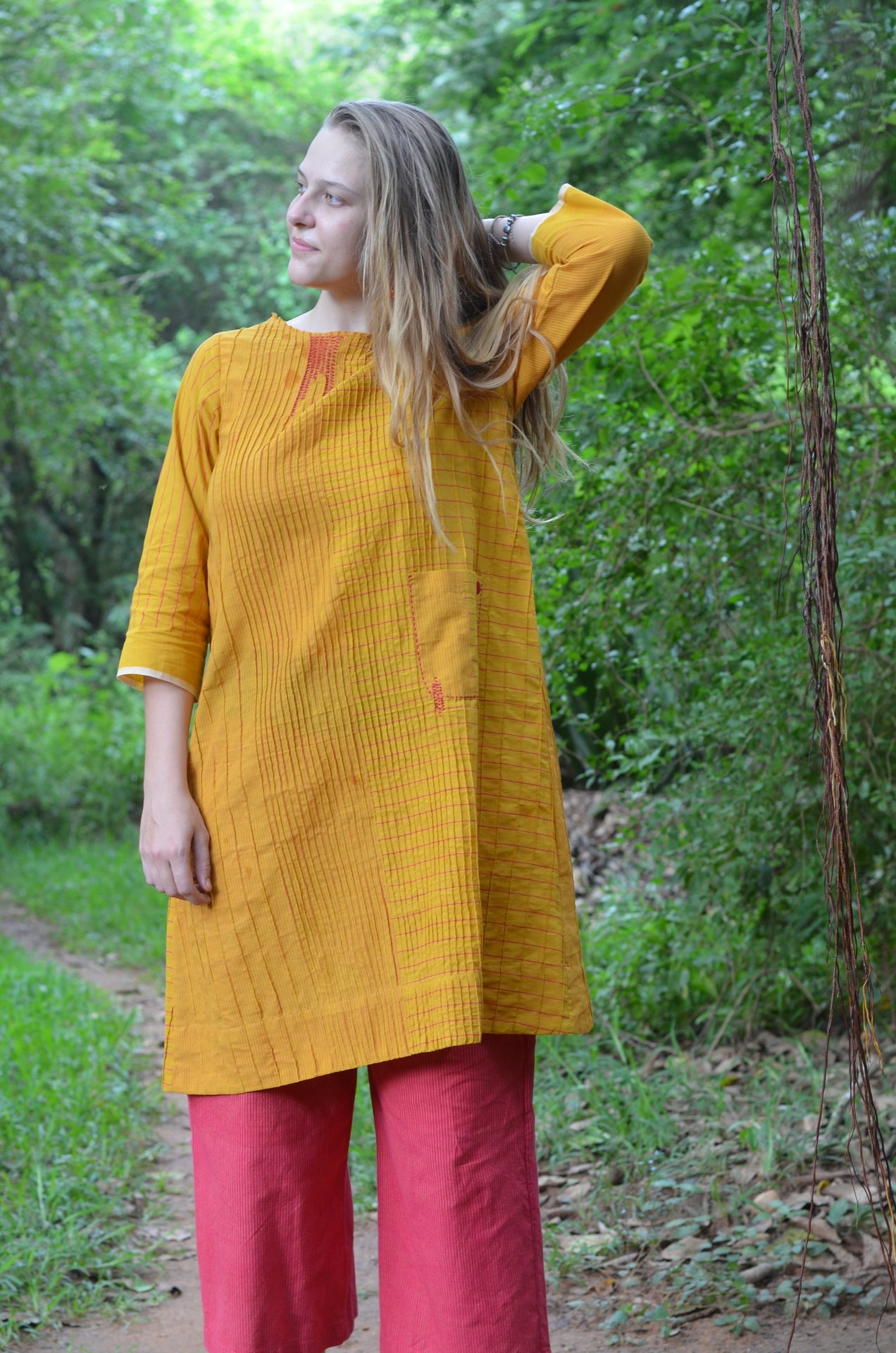 Set of 2- Mustard Pintuck placement handloom striper Dress & Pants