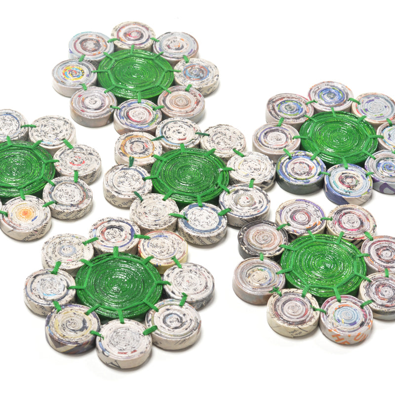 Upcycled Coiled Newspaper Tea coaster Flower - Set of 6