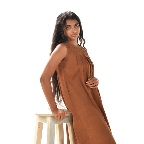 Pleated Brown Dress – Cotton