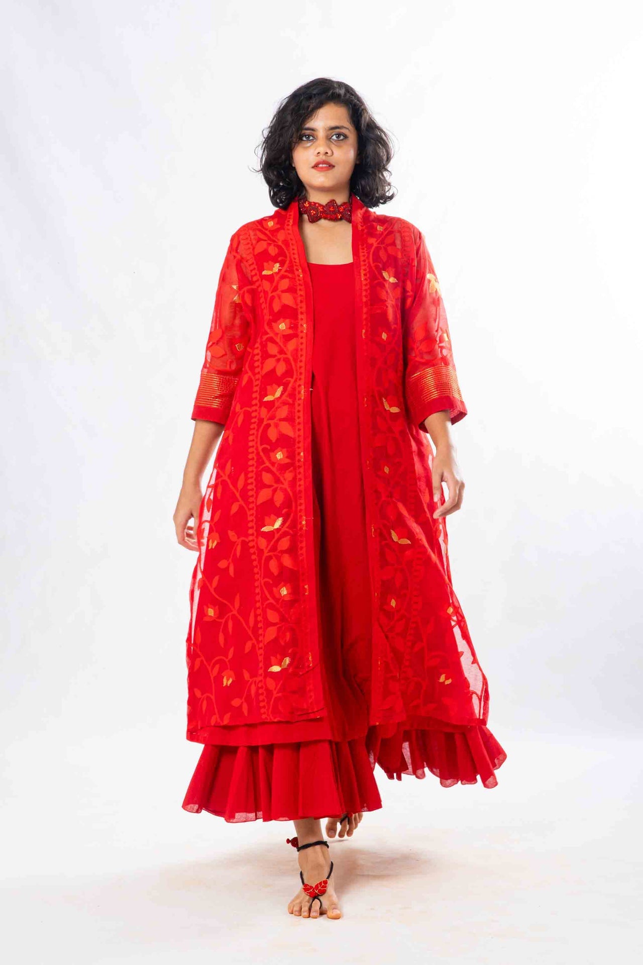Set of 2- Devashree Red Jamdani Jacket & Dress