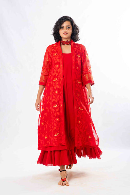 Set of 2- Devashree Red Jamdani Jacket & Dress