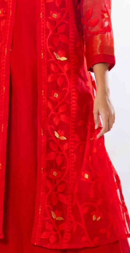 Set of 2- Devashree Red Jamdani Jacket & Dress