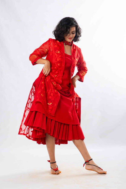 Set of 2- Devashree Red Jamdani Jacket & Dress