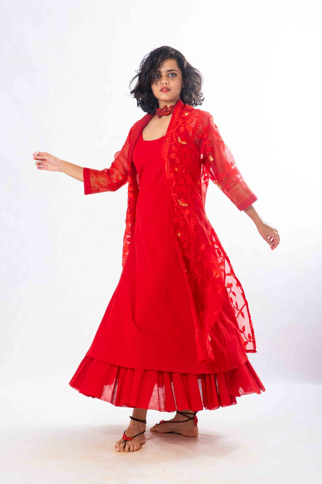Set of 2- Devashree Red Jamdani Jacket & Dress