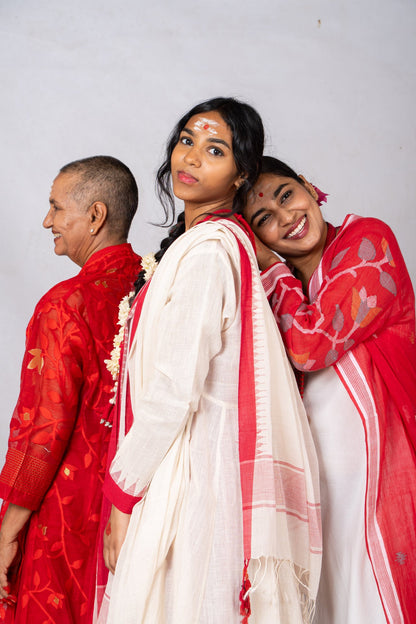 Set of 4-Red, Kora khadi Temple border Festive ensemble