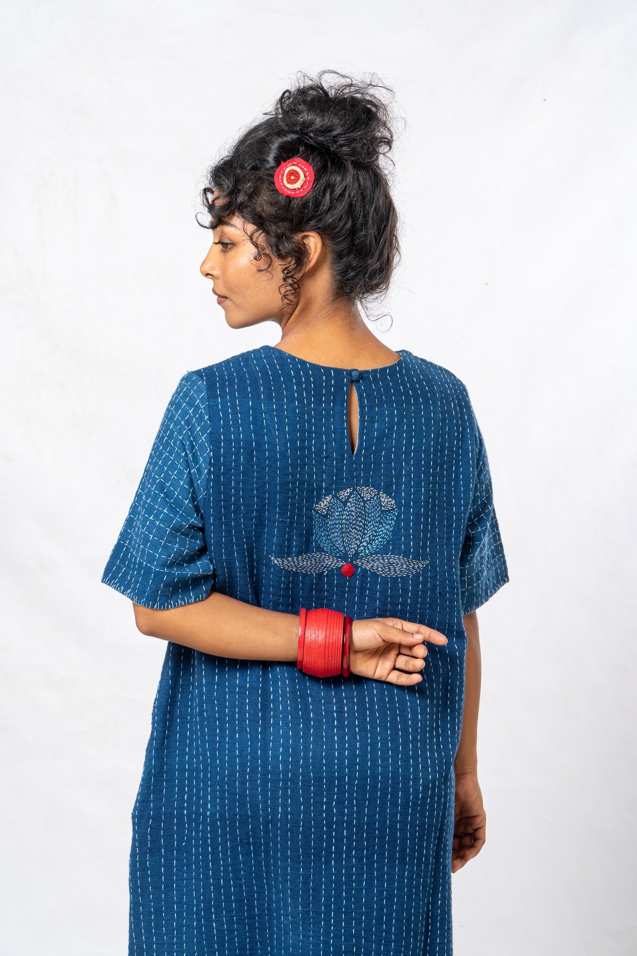 Indigo Parina Lotus Embroidered Hand Spun Khadi Dress