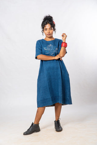 Indigo Parina Lotus Embroidered Hand Spun Khadi Dress