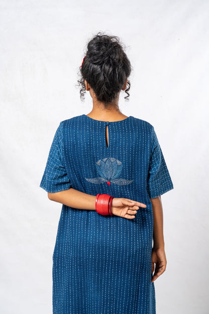 Indigo Parina Lotus Embroidered Hand Spun Khadi Dress