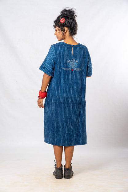 Indigo Parina Lotus Embroidered Hand Spun Khadi Dress
