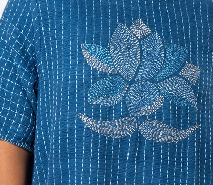 Indigo Parina Lotus Embroidered Hand Spun Khadi Dress