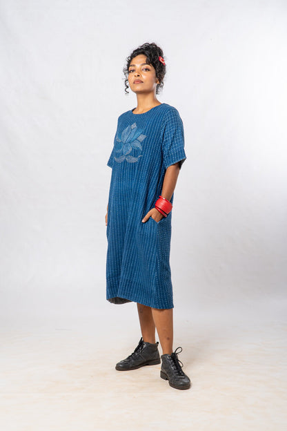 Indigo Parina Lotus Embroidered Hand Spun Khadi Dress