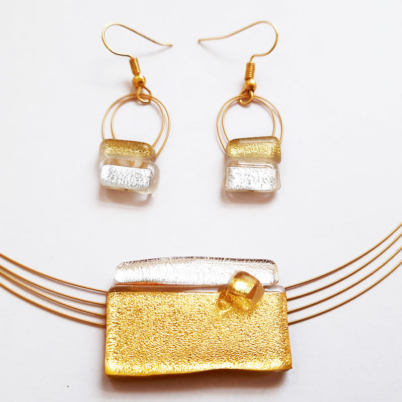 Elegant Gold and Silver Creation Set, Necklace and Hanging Earrings