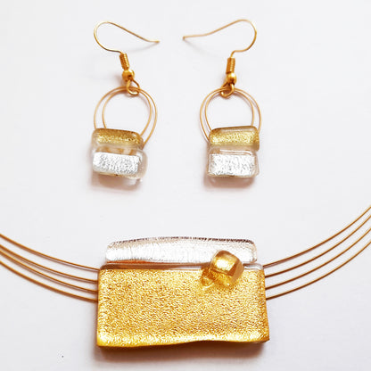 Elegant Gold and Silver Creation Set, Necklace and Hanging Earrings