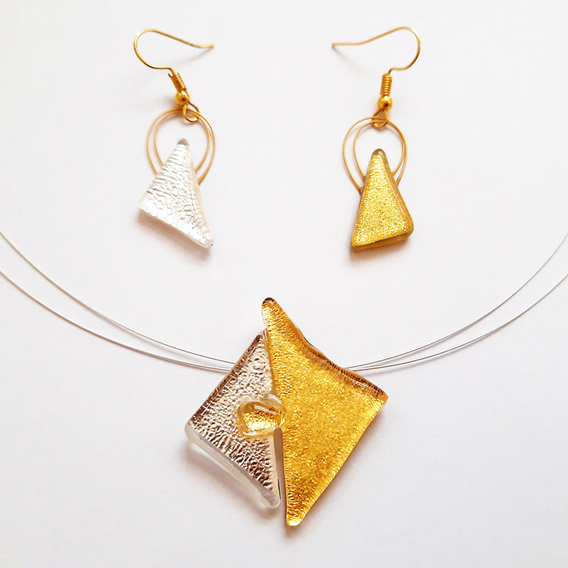 Triangular Gold and Silver Creation Set, Necklace and Hanging Earrings