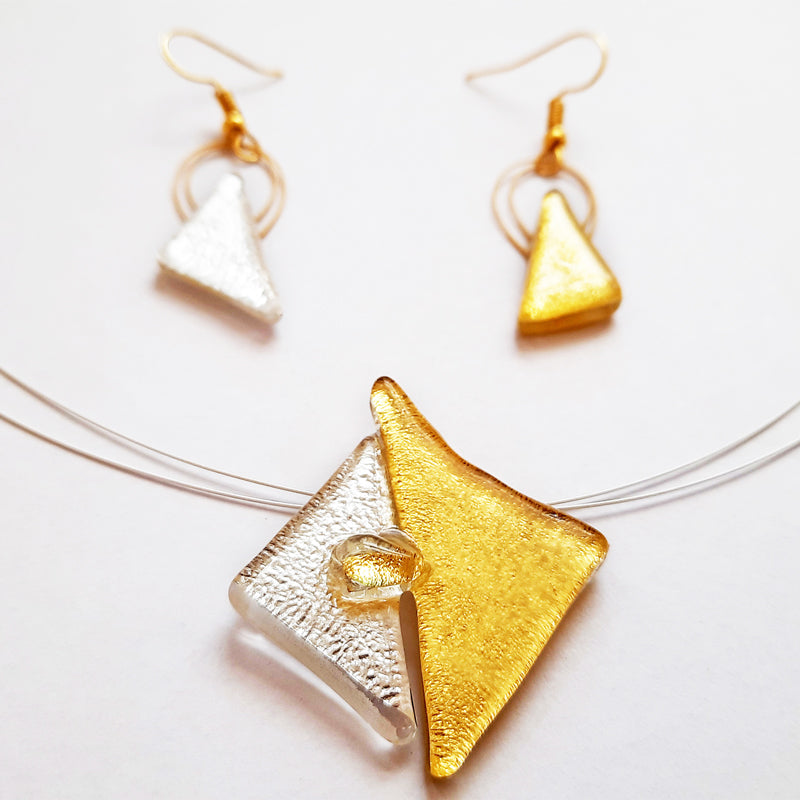 Triangular Gold and Silver Creation Set, Necklace and Hanging Earrings