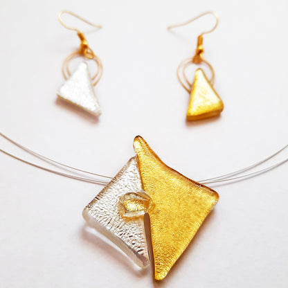 Triangular Gold and Silver Creation Set, Necklace and Hanging Earrings
