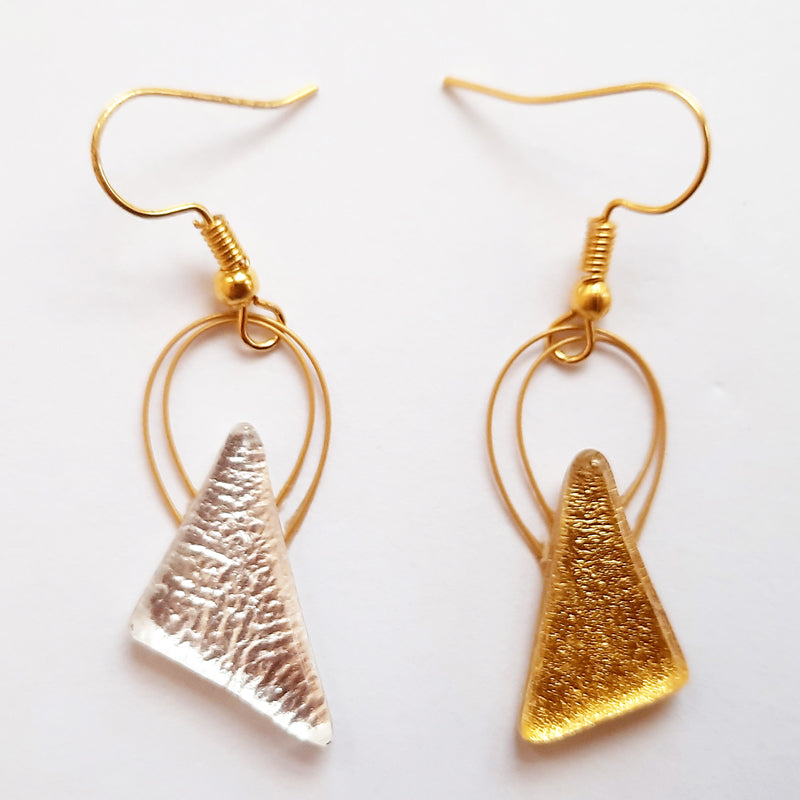 Triangular Gold and Silver Creation Set, Necklace and Hanging Earrings