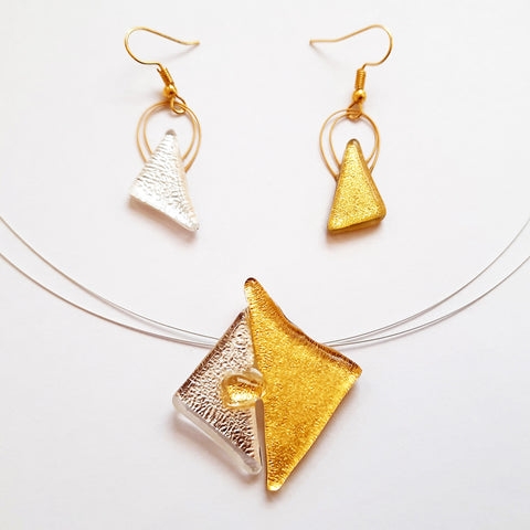 Triangular Gold and Silver Creation Set, Necklace and Hanging Earrings
