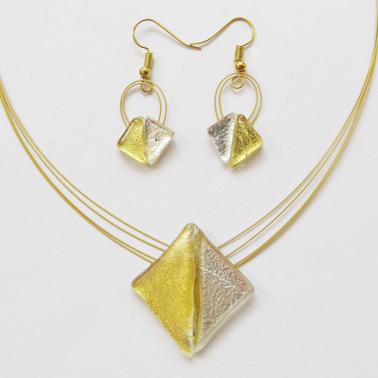 Triangular Gold and Silver Creation Set, Necklace and Hanging Earrings