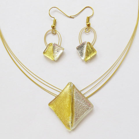 Triangular Gold and Silver Creation Set, Necklace and Hanging Earrings