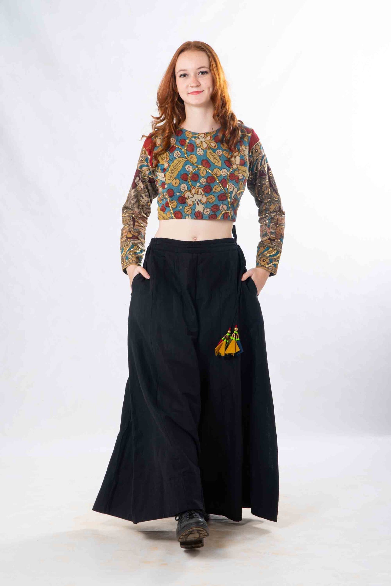 Set of 2- Latha Palazzo & Kalamkari Crop Top