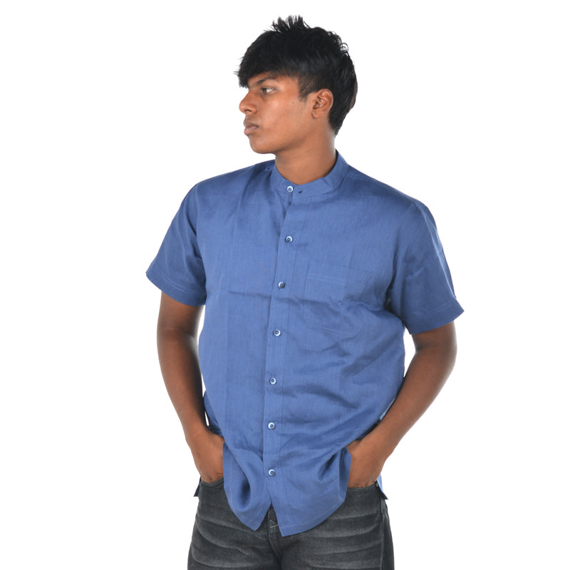 Linen Mandarin Collar Shirt – Soft Blue