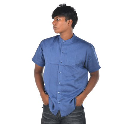 Linen Mandarin Collar Shirt – Soft Blue