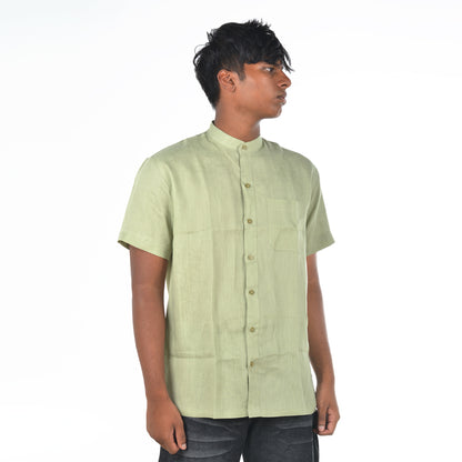Linen Mandarin Collar Shirt – Sage Green