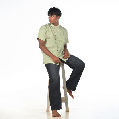 Linen Mandarin Collar Shirt – Sage Green