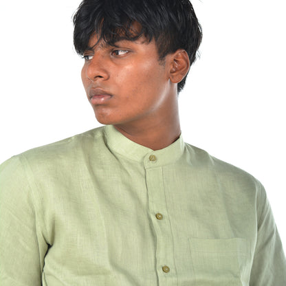 Linen Mandarin Collar Shirt – Sage Green