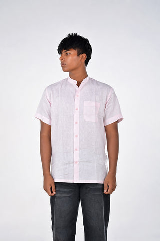 Linen Mandarin Collar Shirt – Soft Pink